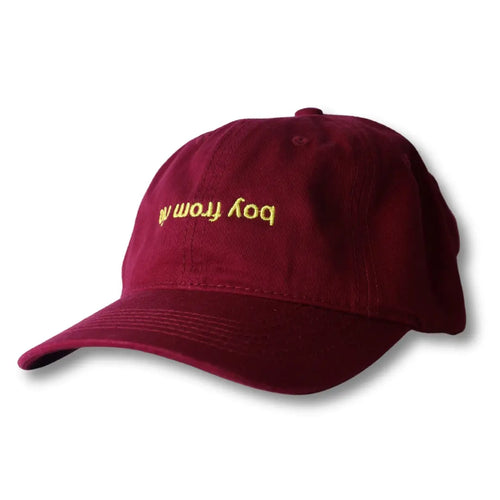 Burgundy cap with small gold-colored front lettering.