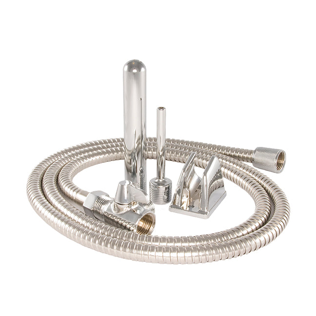 Silver shower bidet kit with flexible hose, metal nozzle, and mounting bracket for adult hygiene use, SKU: SI-60000