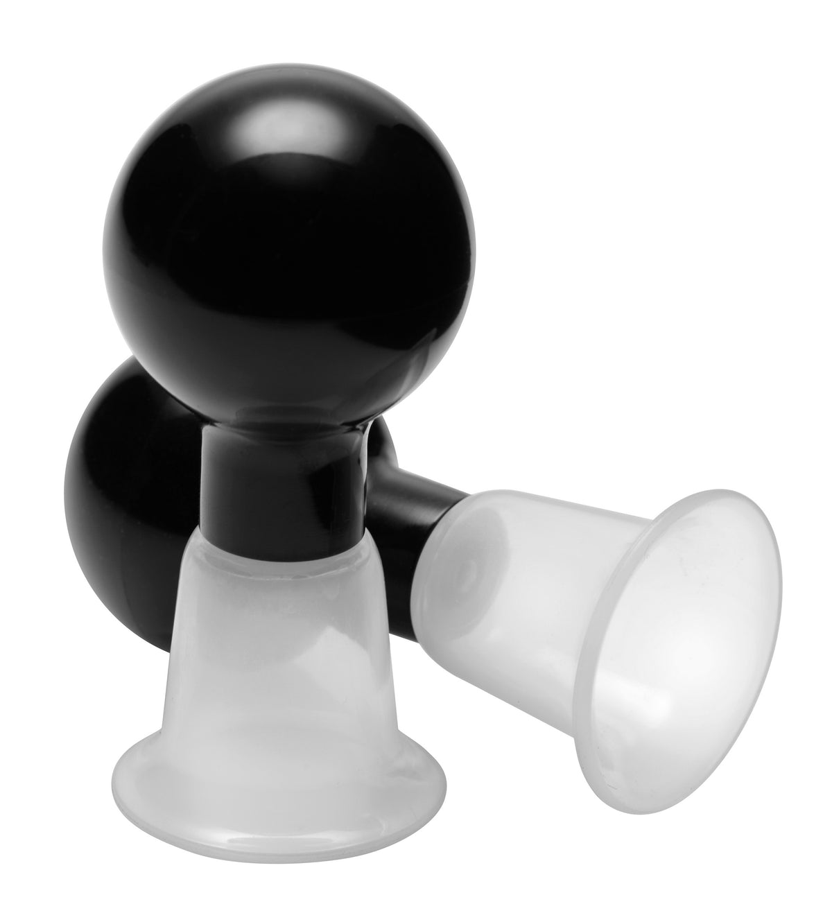 Black adult nipple enlarger pump with glossy finish, rounded head, and handle for stimulation and size increase, isolated on white background