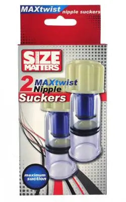 Adult toy set featuring two Max Twist Nipple Suckers with white caps, blue accents, and transparent bodies for nipple play, maximum suction - SKU: AC191