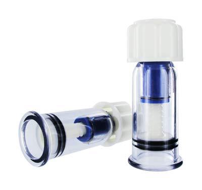 Close-up of two Max Twist Nipple Suckers with white caps, blue accents, and transparent bodies designed for BDSM nipple stimulation, maximum suction