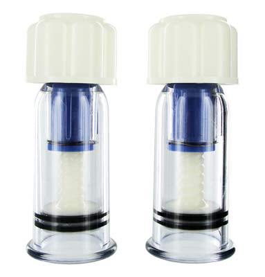 Pair of Max Twist Nipple Suckers with white caps, blue accents, and transparent bodies, ideal for BDSM nipple play, maximum suction, set of two