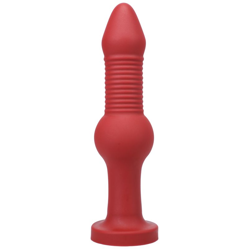 Red Tantus Fido Anal Ruby adult toy with ribbed shaft, knot, and smooth tip, made of ultra-premium silicone for anal pleasure.