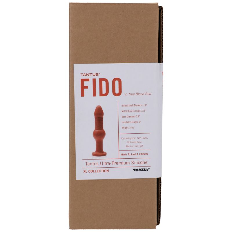 Tantus Fido Anal Ruby packaging box featuring product image, specifications, and branding for adult anal toy made of silicone.