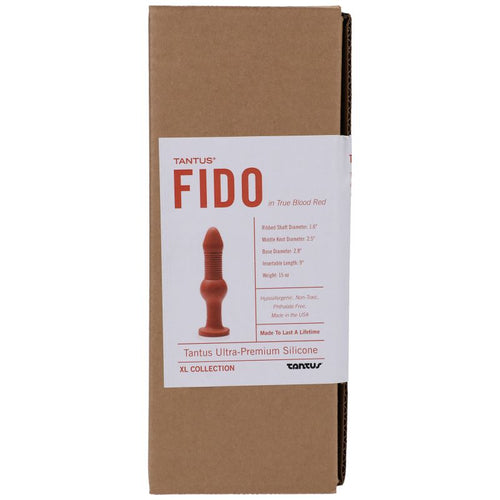 Tantus Fido Anal Ruby packaging box featuring product image, specifications, and branding for adult anal toy made of silicone.