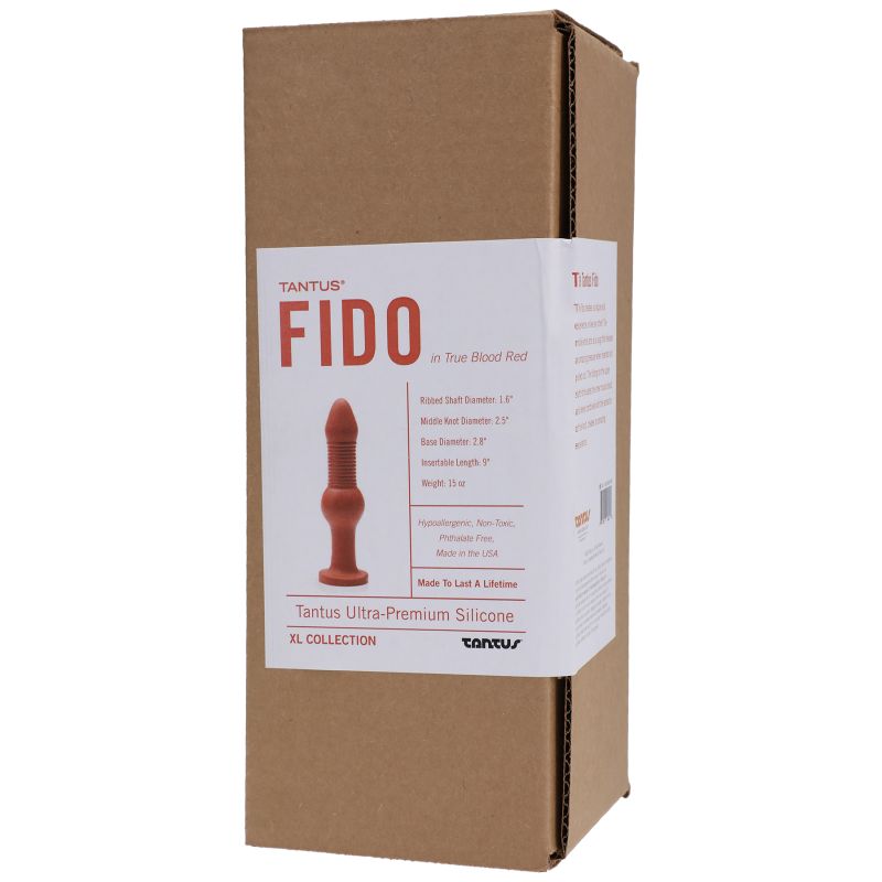 Side view of the Tantus Fido Anal Ruby box showing product details, size, and material information for adult toys.