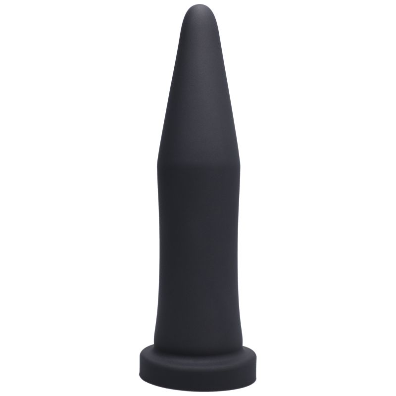 Black silicone adult toy with tapered shape and rounded base, designed for anal stimulation, on a white background