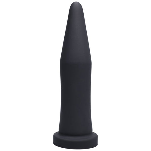 Black silicone adult toy with tapered shape and rounded base, designed for anal stimulation, on a white background