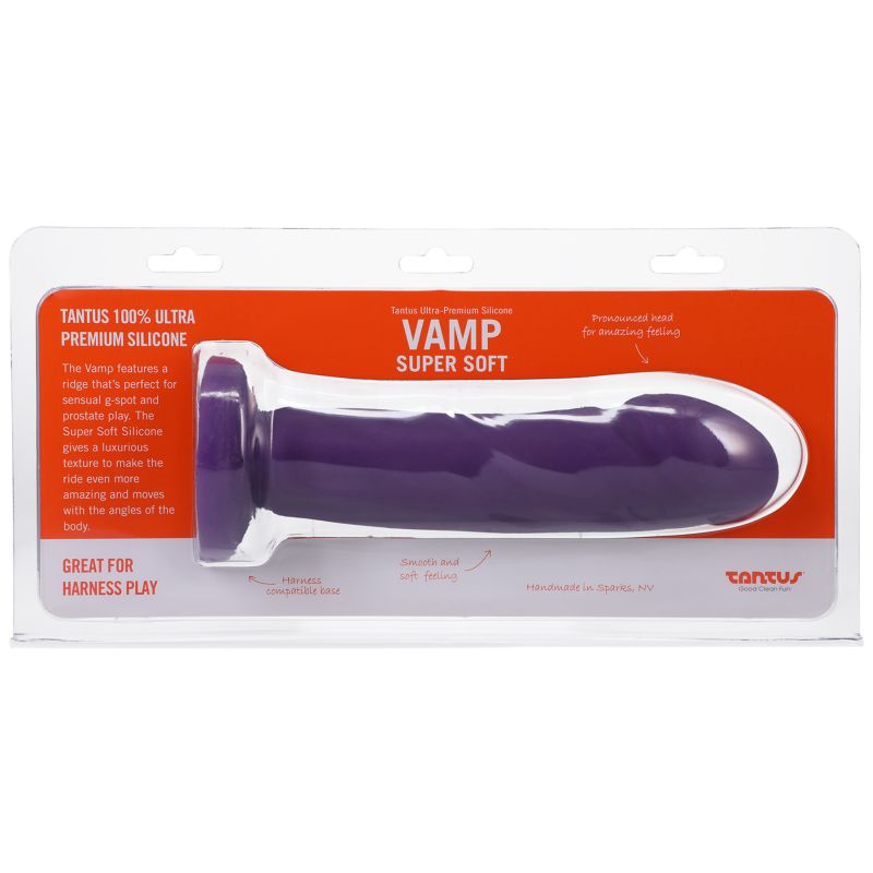 Tantus Vamp Soft Dildo packaging with a clear plastic window displaying the purple silicone dildo, designed for luxury and comfort.