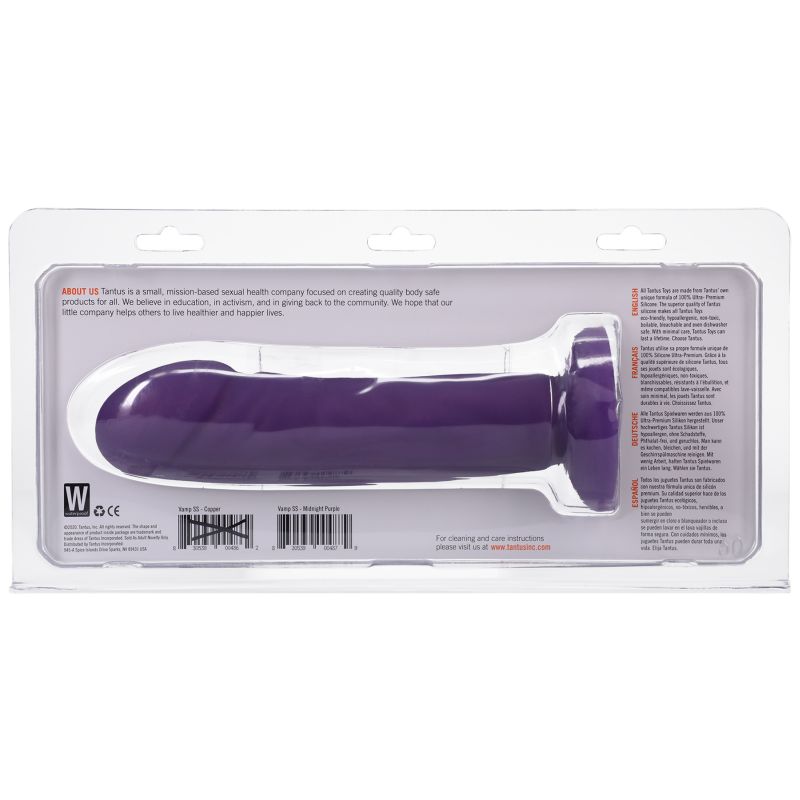 Amethyst-colored Tantus Vamp Soft Dildo in clear plastic packaging, made of smooth silicone, designed for adult pleasure, SKU: 0123-03-TC