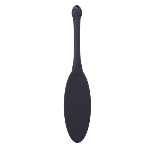 Black silicone paddle with elongated handle and oval impact surface, designed for impact play and BDSM activities, SKU: 02050-60-TH