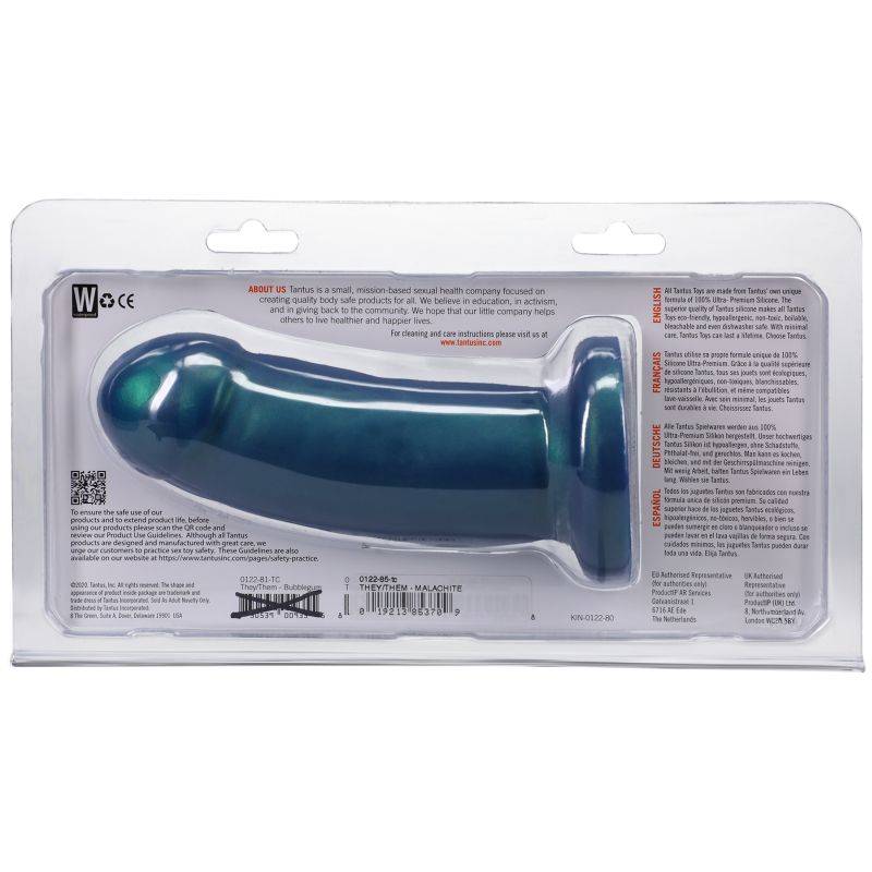 Blue silicone adult dildo with a short, stout shape, harness compatible base, perfect for hard thrusting, packaged in clear plastic