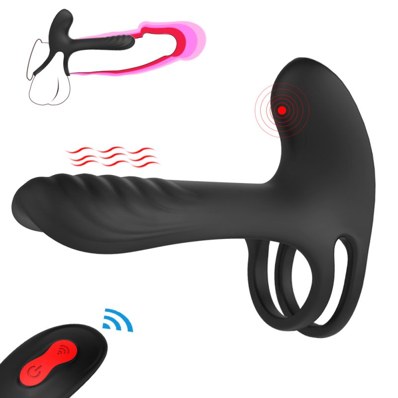Black remote control vibrating penis shaft and clit stim enhancer with ergonomic design, multiple vibration modes, and wireless remote control