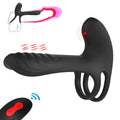Black remote control vibrating penis shaft and clit stim enhancer with ergonomic design, multiple vibration modes, and wireless remote control