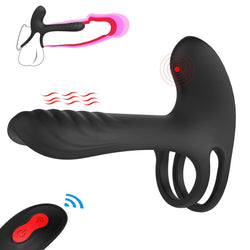 Black remote control vibrating penis shaft and clit stim enhancer with ergonomic design, multiple vibration modes, and wireless remote control