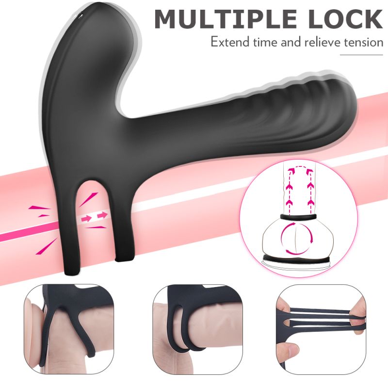 Adult toy with multiple lock feature, flexible shaft, and textured surface for enhanced pleasure, shown with detailed illustrations