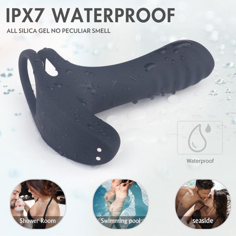 Black waterproof adult toy with silicone material, water droplets on surface, designed for intimate stimulation, suitable for shower, pool, seaside use