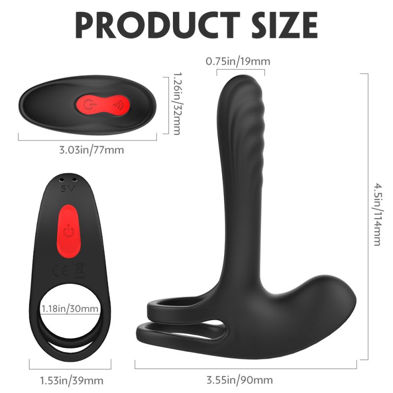 Black silicone adult toy with remote control, detailed size measurements, designed for anal or vaginal stimulation, waterproof feature
