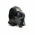 Black neoprene gas mask hood for sensory deprivation, adult size, with clear eye window and breathing tube, ideal for BDSM scenes - SKU: SF-9494