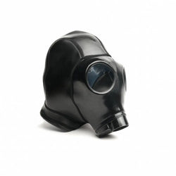 Black neoprene gas mask hood for sensory deprivation, adult size, with clear eye window and breathing tube, ideal for BDSM scenes - SKU: SF-9494