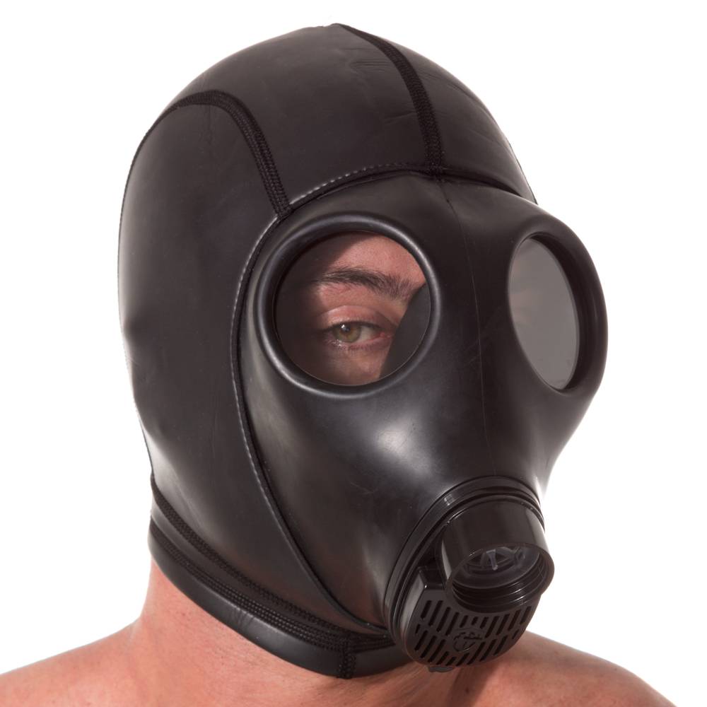 Close-up of black neoprene gas mask hood with eye openings and breathing port, showing smooth, durable material for BDSM use