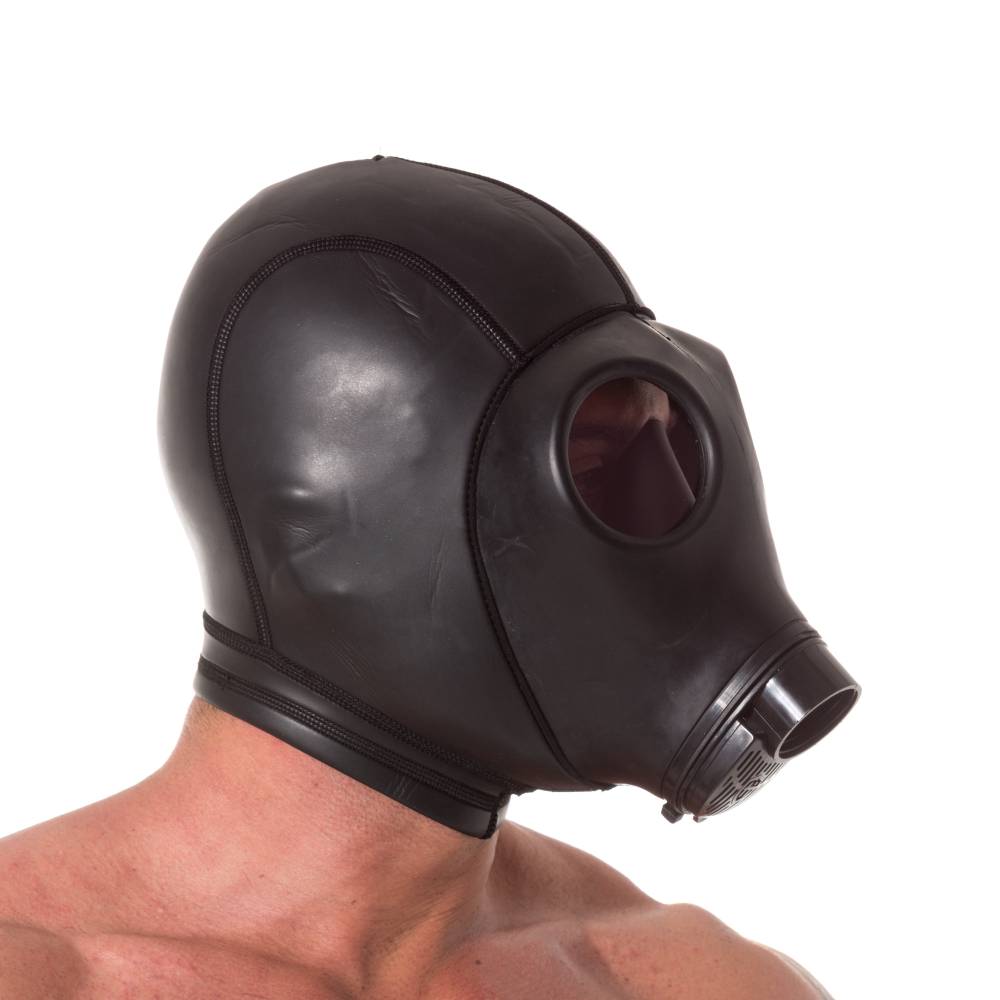 Side view of man in black neoprene gas mask hood with eye holes, showcasing snug fit and high-quality material for sensory control