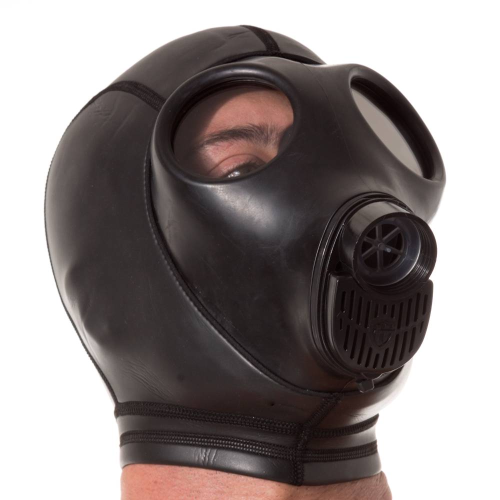 Black neoprene gas mask hood with eye holes and breathing valve, designed for adult BDSM activities, with a sleek, shiny finish