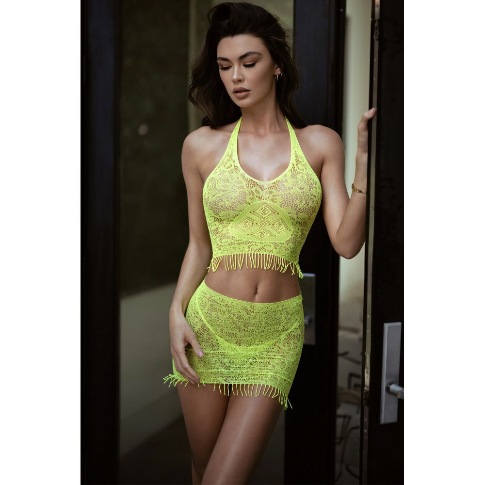 Killer Legs  Eyelash Lace 3 Pc Crop, Skirt and Thong Neon Yellow One Size