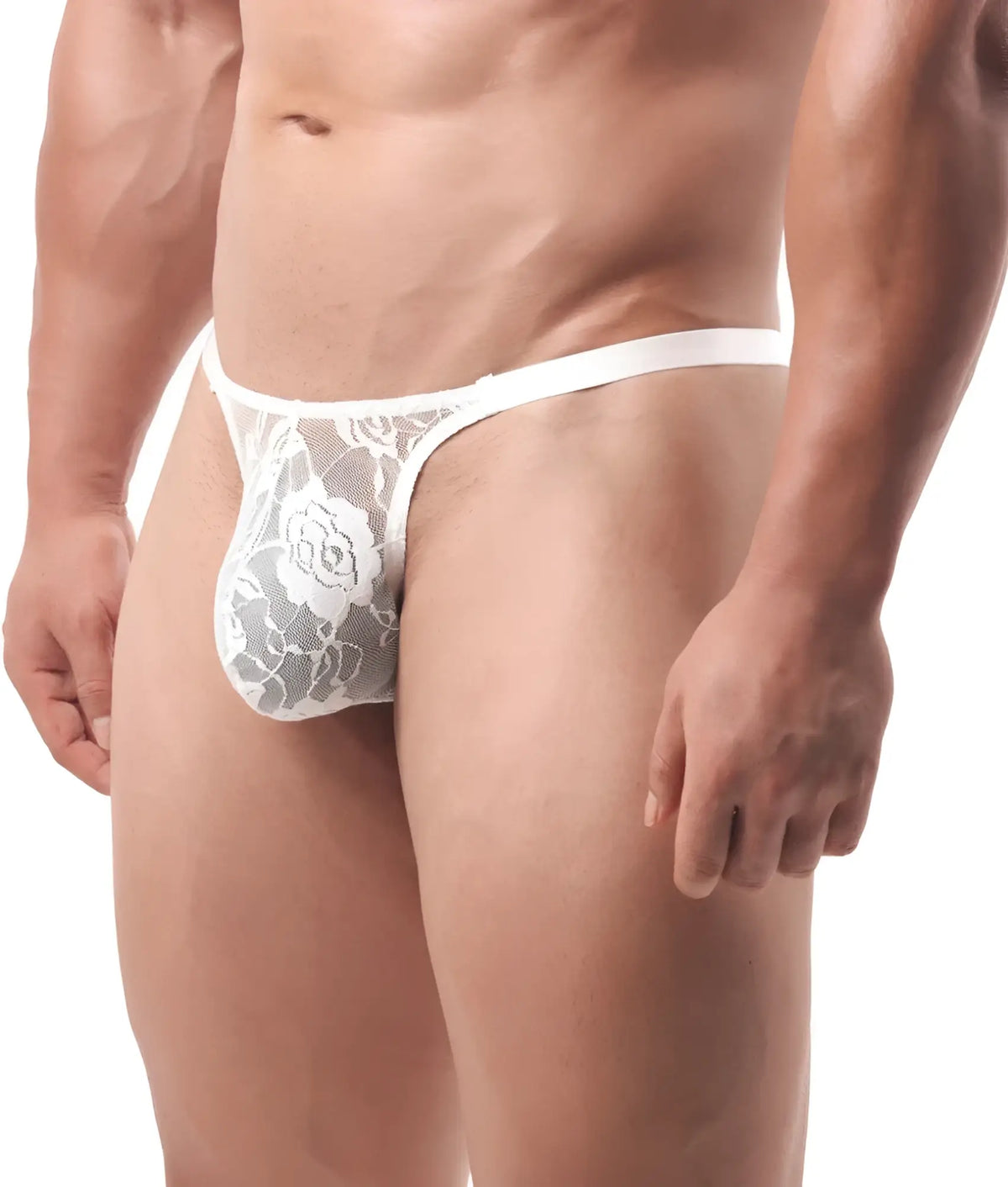 White lace thong with floral pattern designed as a sexy men thong front view in white lace material
