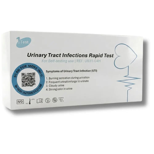 White test-kit box labelled Urinary Tract Infections Rapid Test, with blue artwork and a QR code.