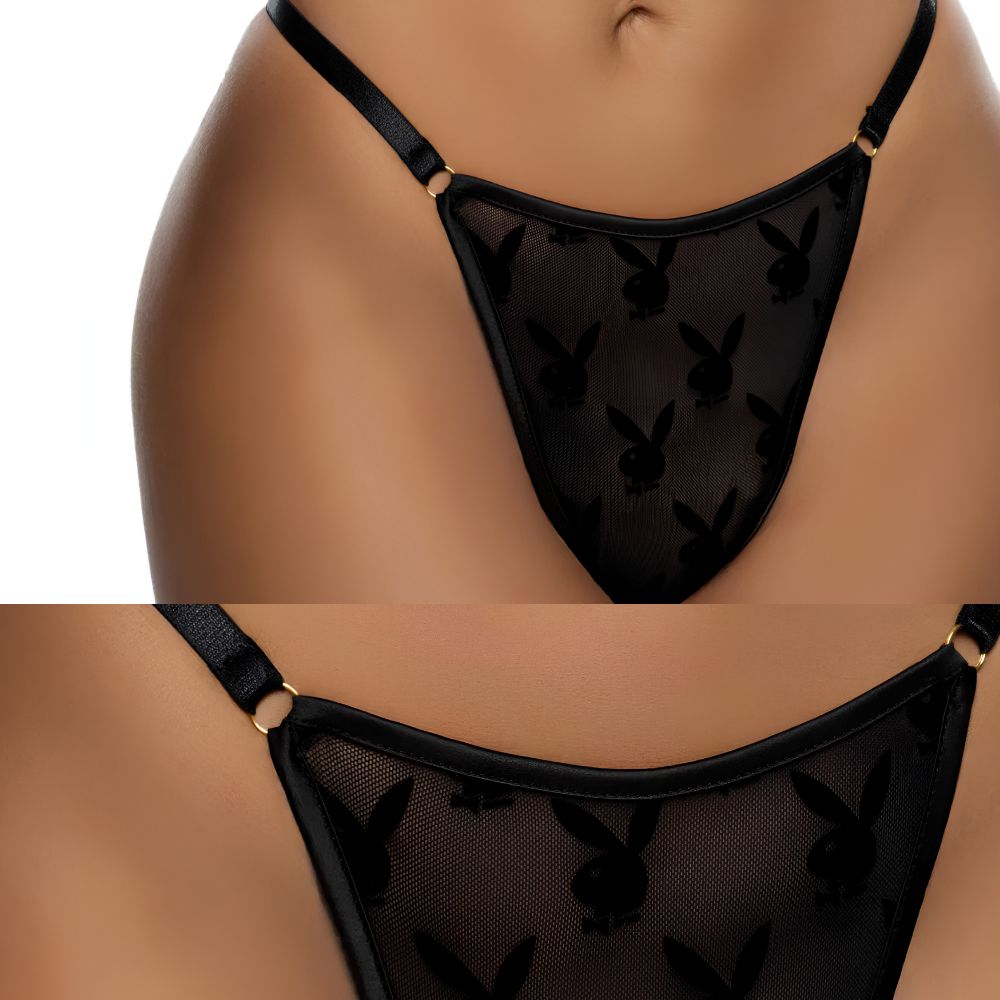 Playboy Lingerie PlayBoy Bunny Flocked Mesh Thong High Cut M
