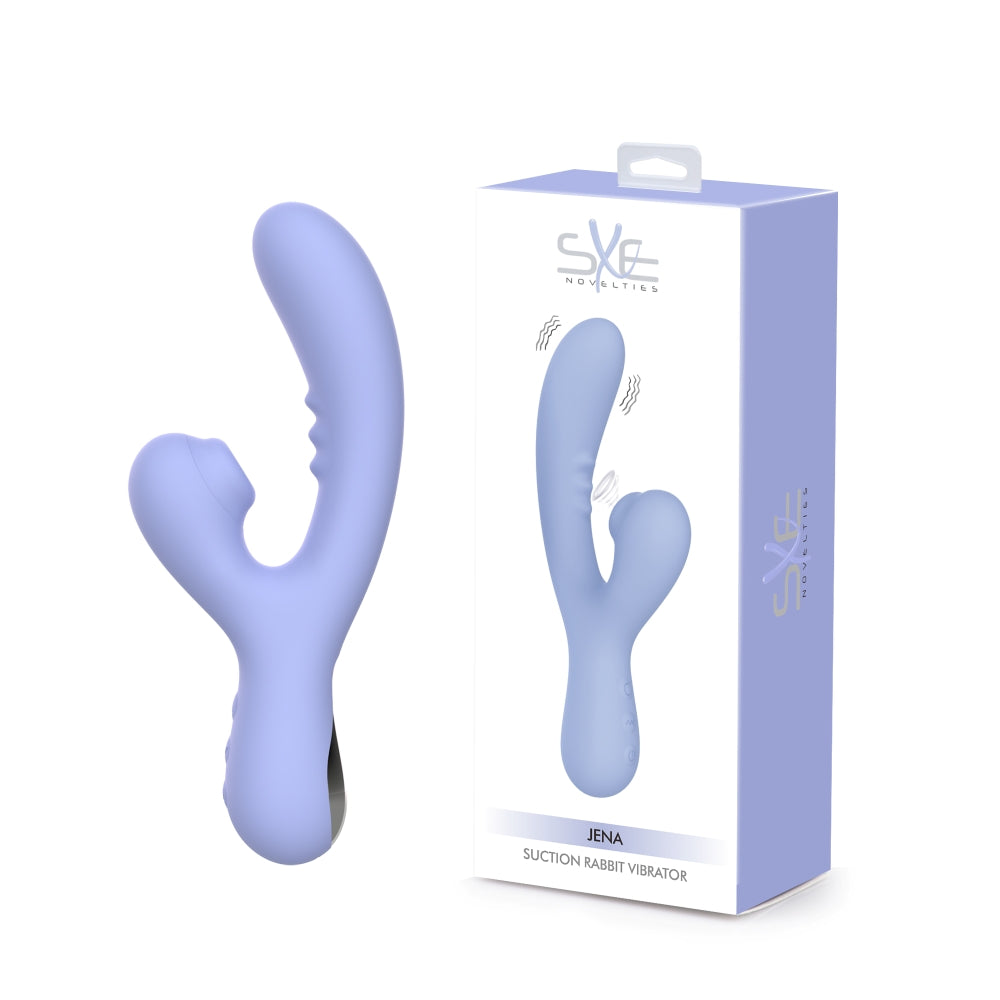 Light purple SXE Jena G Spot Rabbit Vibrator with dual-stimulation design, silicone material, and waterproof features, in packaging