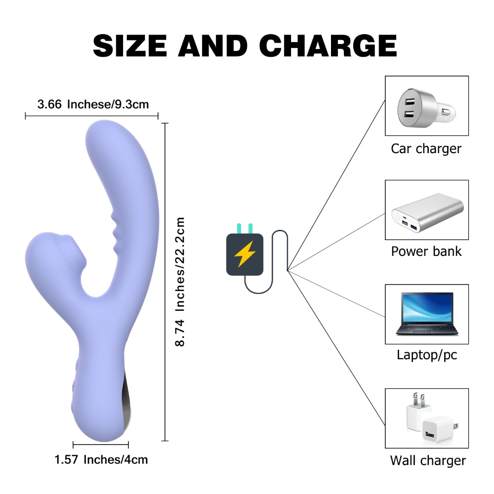 Blue silicone G Spot rabbit vibrator measuring 8.74 inches long, 1.57 inches wide, with USB charging options for convenience