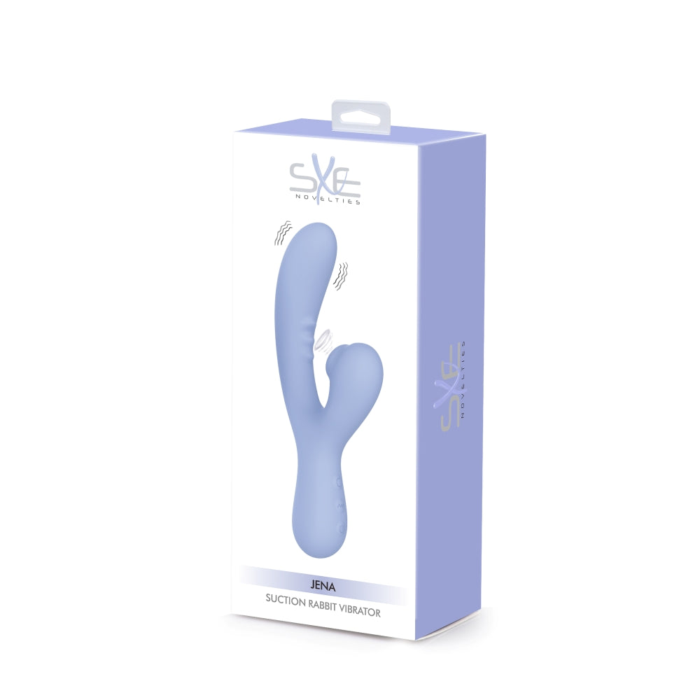 Light blue SXE Jena G Spot Rabbit Vibrator in packaging with sleek design, dual-stimulation features, and suction base for adult pleasure