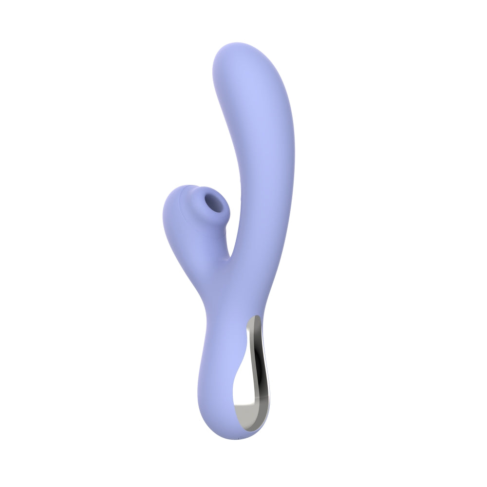 Close-up of the silicone SXE Jena G Spot Rabbit Vibrator with curved shaft and textured clitoral stimulator, in light purple color