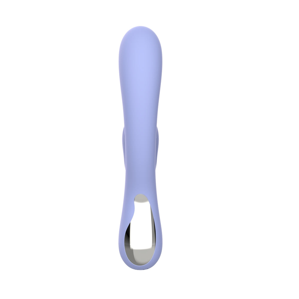 A smooth, light purple silicone vibrator features a rounded tip, a slightly curved shaft, and a bottom handle cutout with a metallic silver inner accent against a white background.