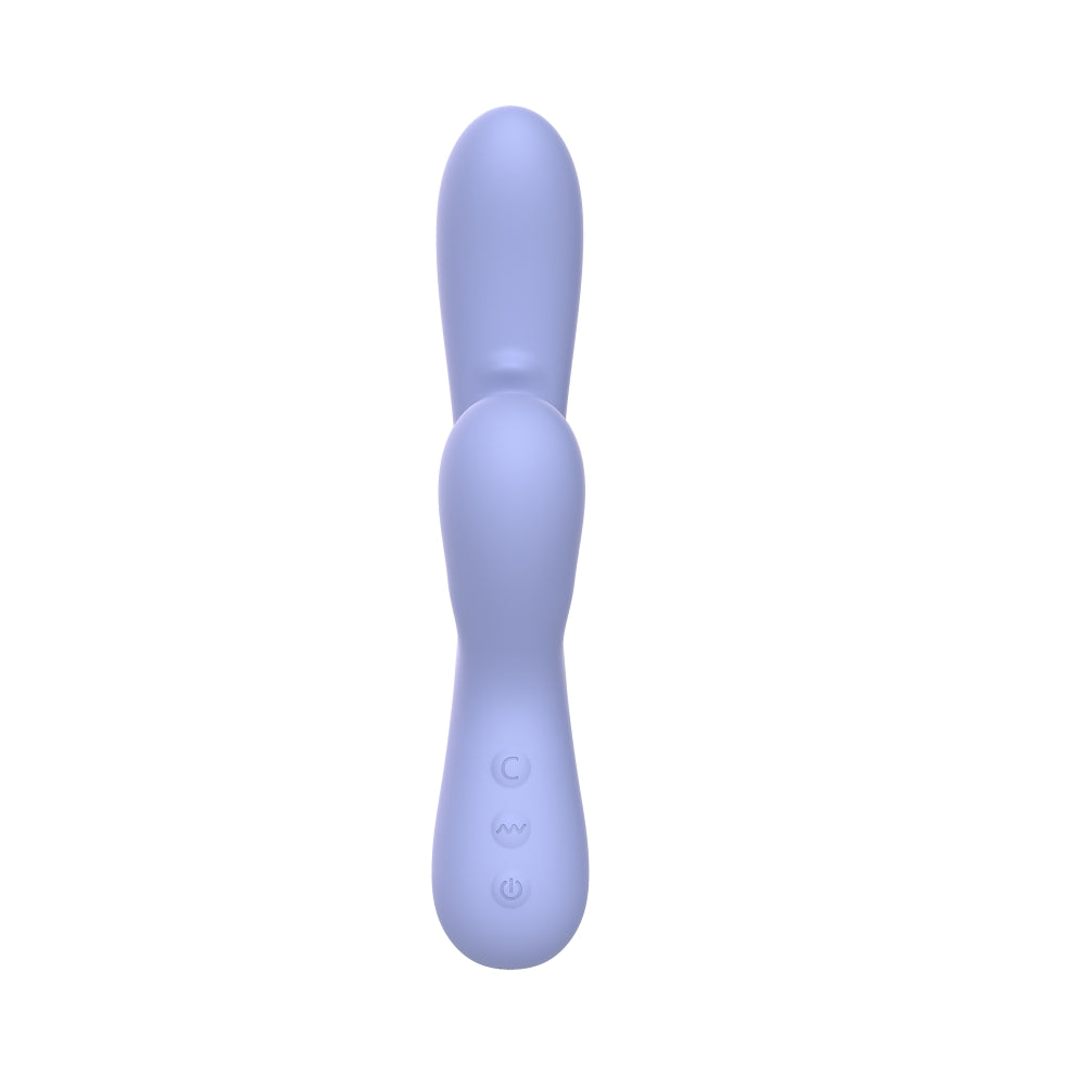 Light purple G spot rabbit vibrator made of silicone with dual stimulation, ergonomic shape, and control buttons on handle.