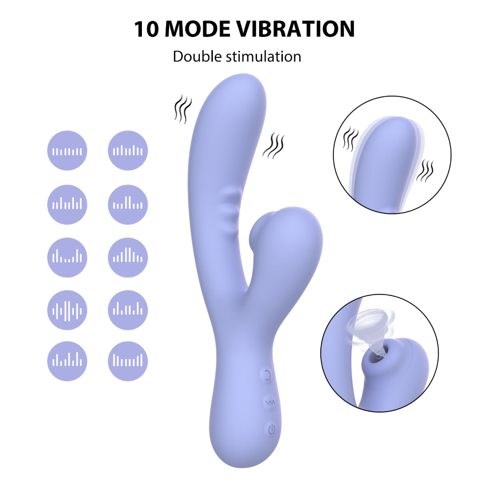 Illustration of 10 vibration modes for the dual-stimulation adult toy, showing wave patterns and stimulation details.