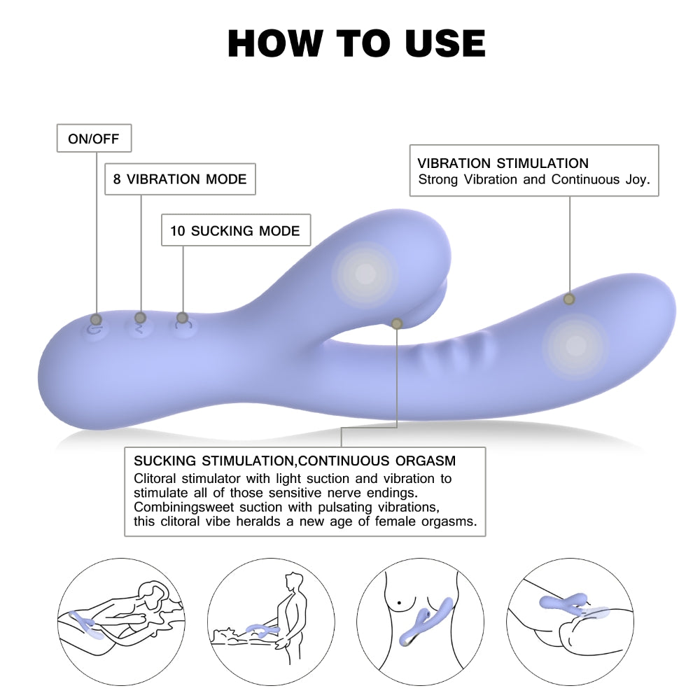Light purple rabbit vibrator with G spot and clitoral stimulator, featuring light suction and vibration functions for pleasure.