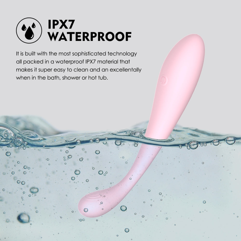 Pink adult vibrator submerged in water, highlighting waterproof IPX7 feature, smooth silicone surface, easy to clean, SKU: SXE-0714