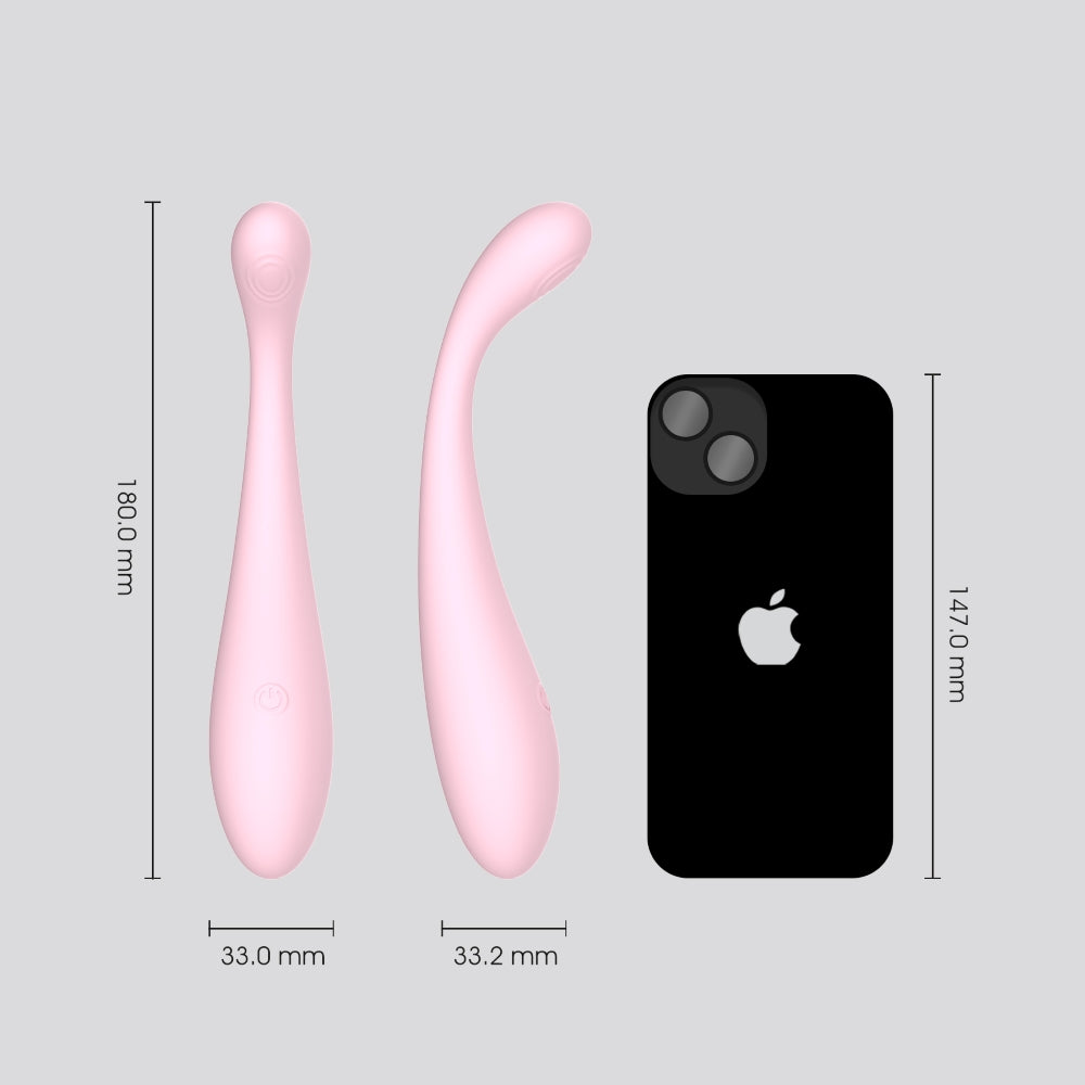 Pink silicone G spot vibrator with curved design, 180mm length, 33mm width, featuring a smooth surface and control button, next to a smartphone for size comparison.