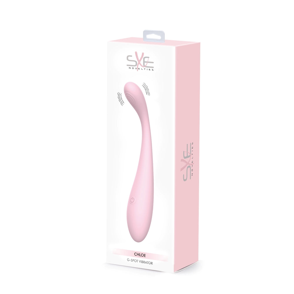Pink silicone G spot vibrator packaging box with product image, brand logo, and description, showing the vibrator's curved shape and size for targeted stimulation.