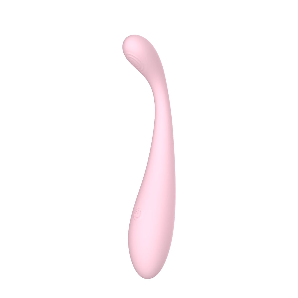 Side view of the pink silicone G Spot vibrator showing its slender, curved body and control button for multi-mode settings.