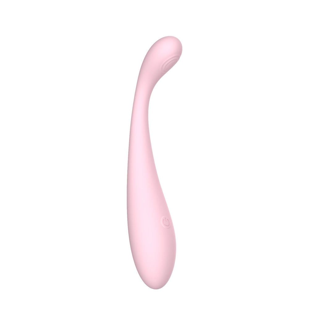 Close-up of the pink silicone G Spot vibrator highlighting its smooth surface, curved tip, and ergonomic handle for easy use.