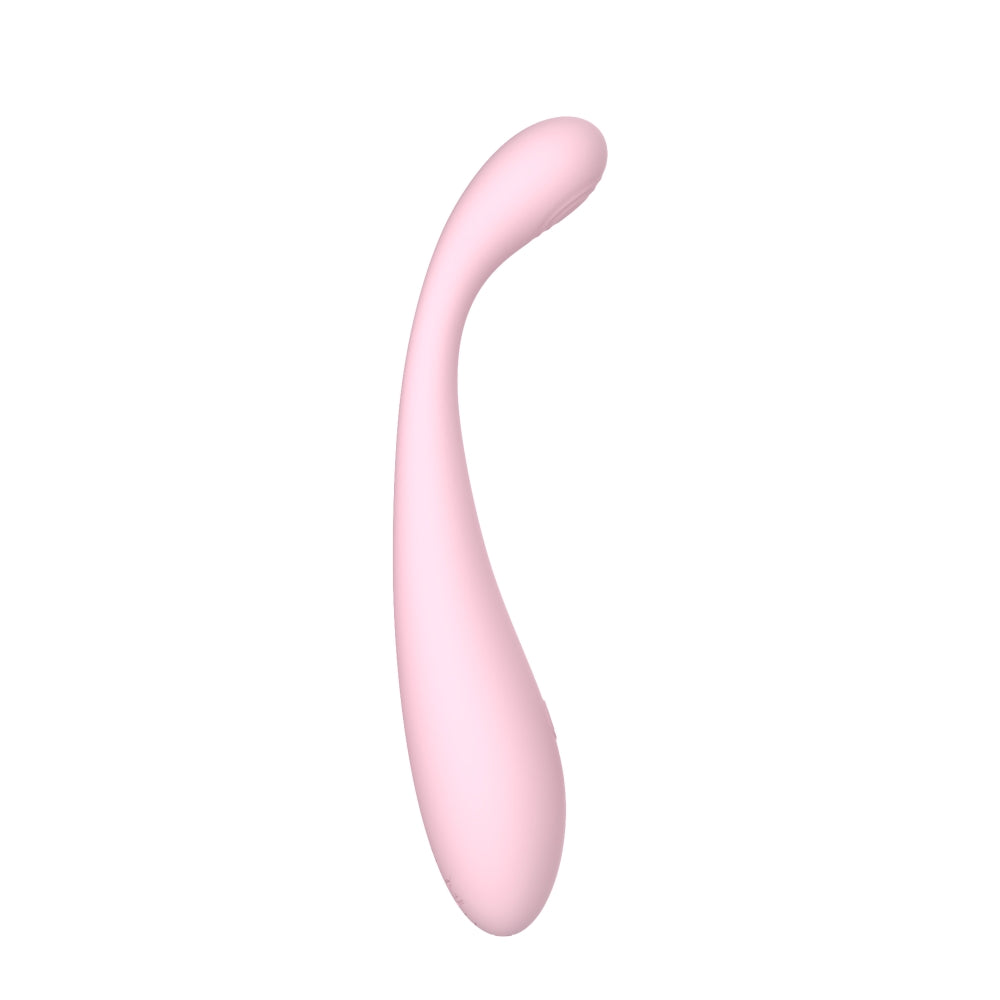 Full-length view of the pink silicone G Spot vibrator with a sleek, curved design and a single power button for multi-mode operation.
