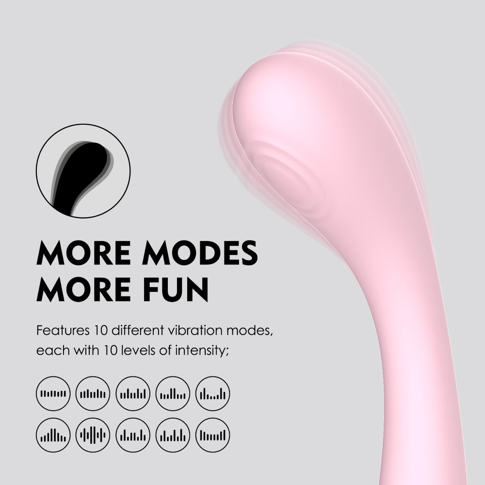 Illustration of pink adult vibrator with 10 vibration modes, showing multiple vibration pattern icons, designed for pleasure, SKU: SXE-0714