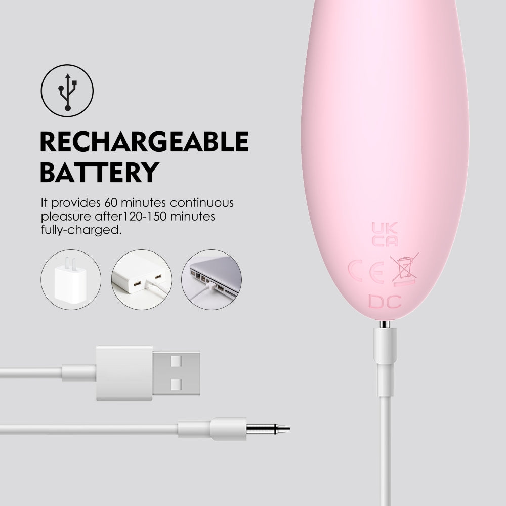 Pink rechargeable adult vibrator with USB charging cable, waterproof IPX7, sleek curved shape, for versatile use, SKU: SXE-0714