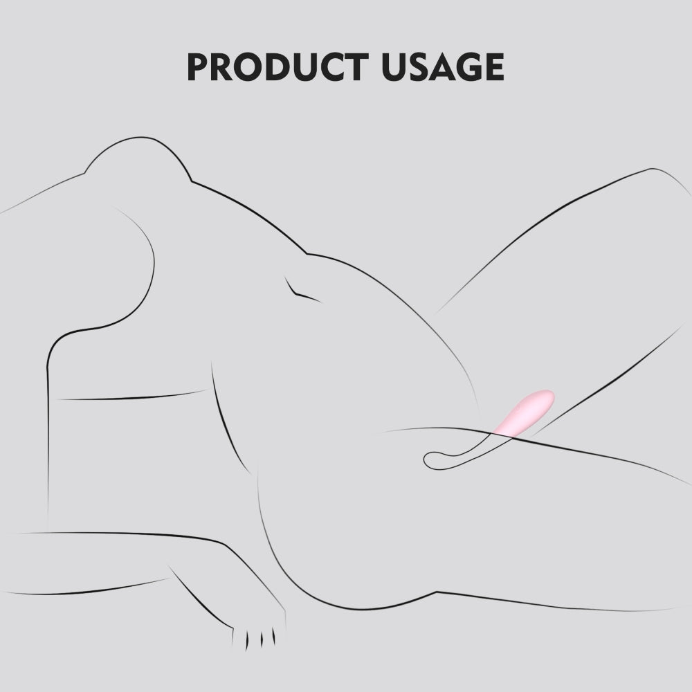Diagram of pink adult toy in use on a person, demonstrating internal and external stimulation, with product inserted, SKU: SXE-0714
