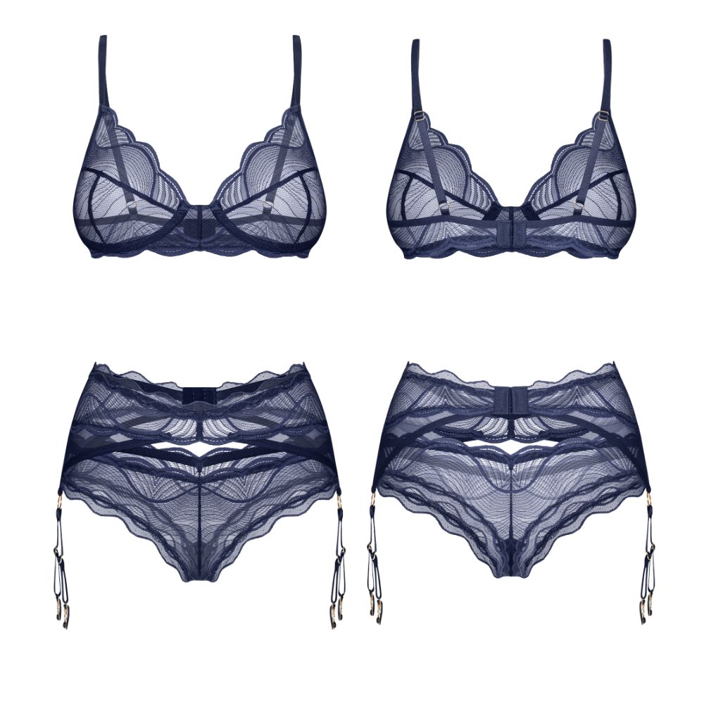 Obsessive Nightly Blue Bra Panty Garter 3 Pc XS/S