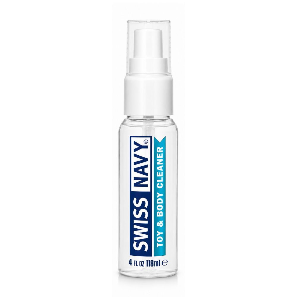 Clear plastic spray bottle of Swiss Navy Toy & Body Cleaner with white pump and cap, 4oz/118ml size, designed for cleaning intimate accessories